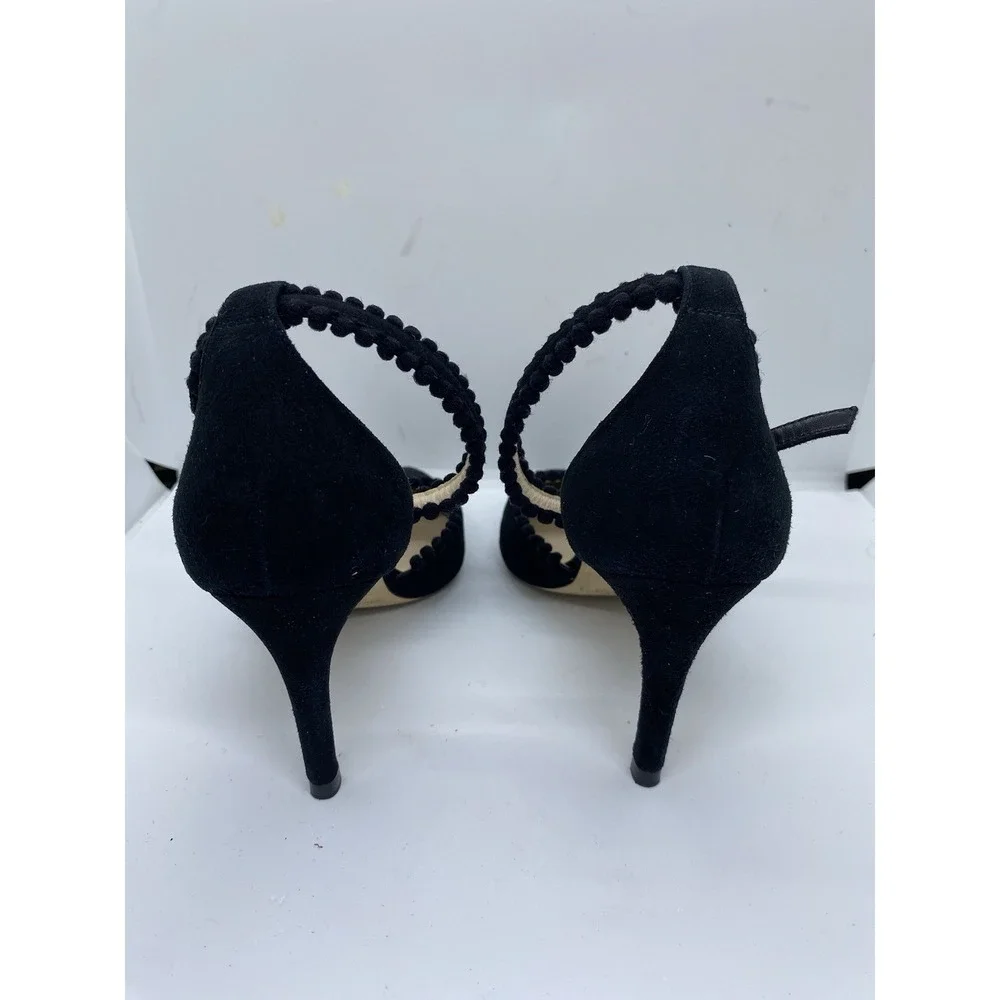 Black LK Bennett Ellora Suede Pom-Pom D'Orsay Ankle Strap Sandal Sz 39 US 8.5